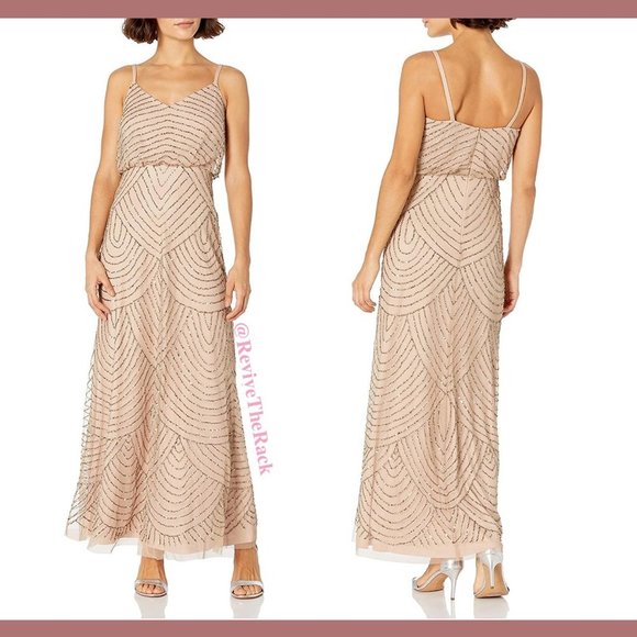 NEW Adrianna Papell Art Deco Beaded Blouson Gown in Taupe Pink‎ [SZ 8 ] - Picture 9 of 11
